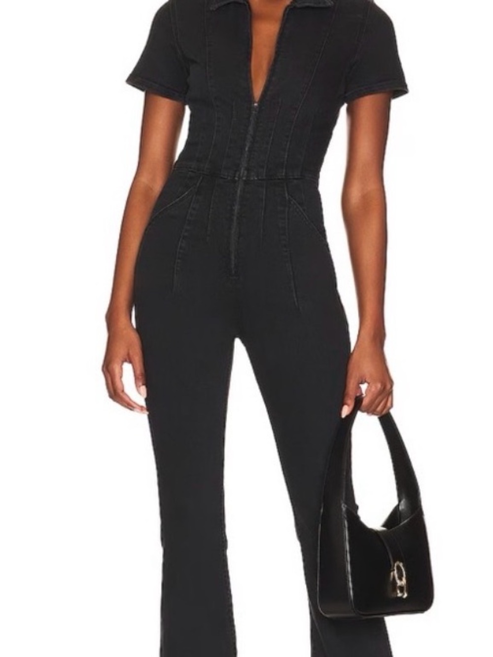 We The Free Black Short-Sleeve Zip Jumpsuit